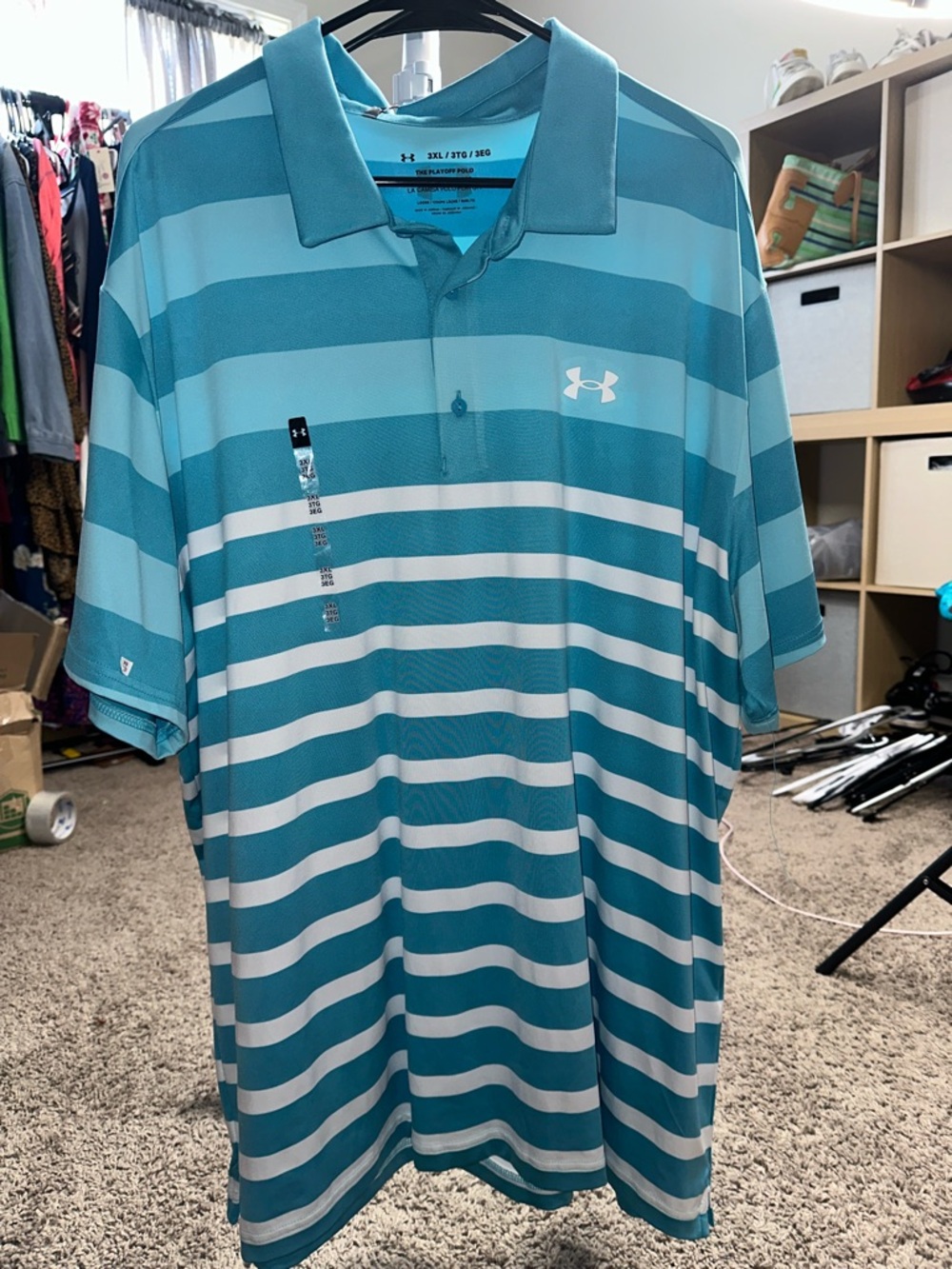 Under Armour Teal and White Striped Performance Polo